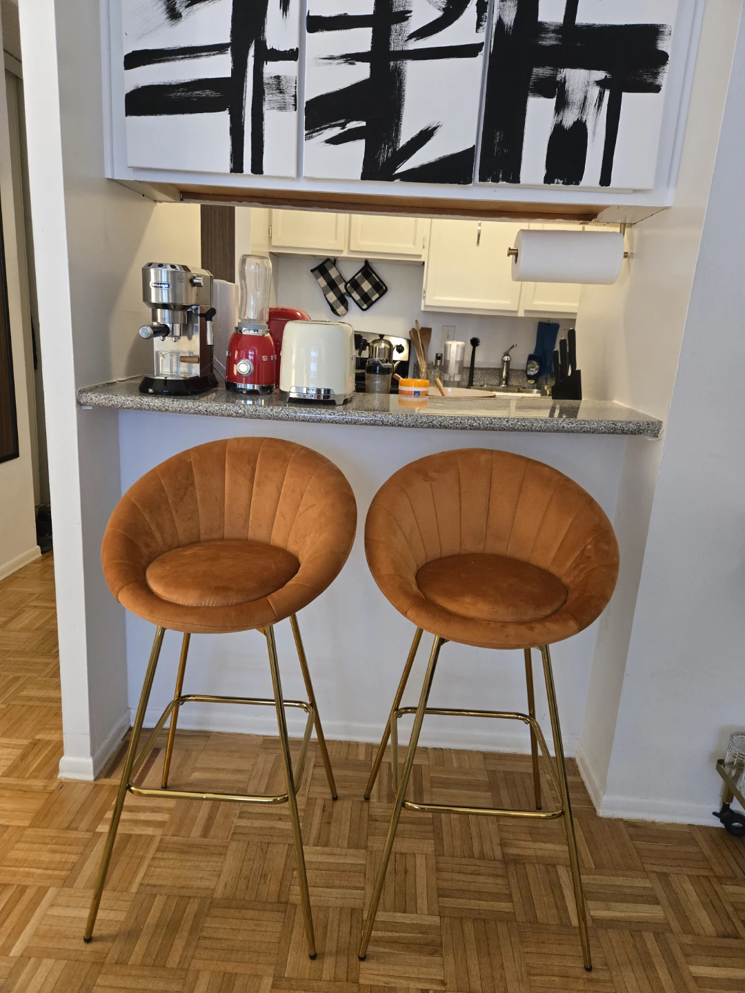 2 Orange Velvet Upholstered Bar Stool with Gold Legs