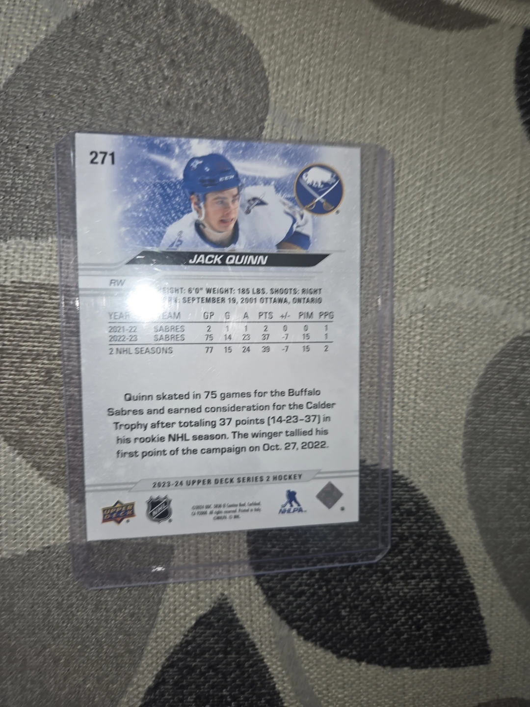 Jack Quinn 2022-23 Upper Deck Series 2 Hockey Card #271 - photo 2
