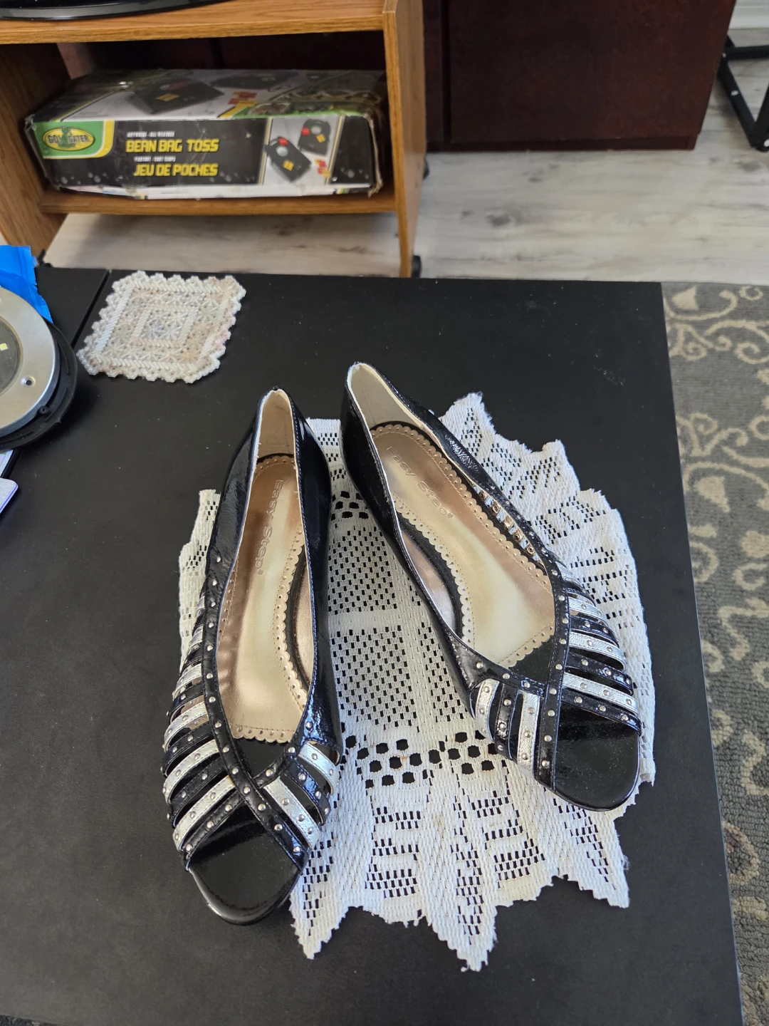 Black Patent Peep Toe Flats with Silver Accents - photo 4