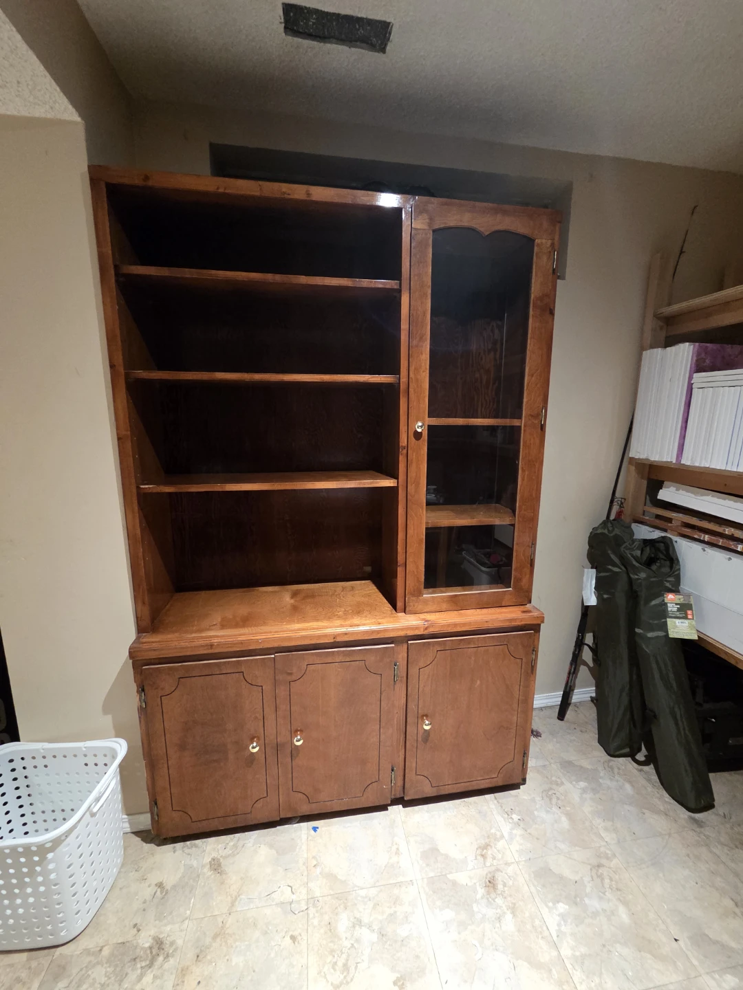 Wooden Display Cabinet with Glass Doors and Shelving