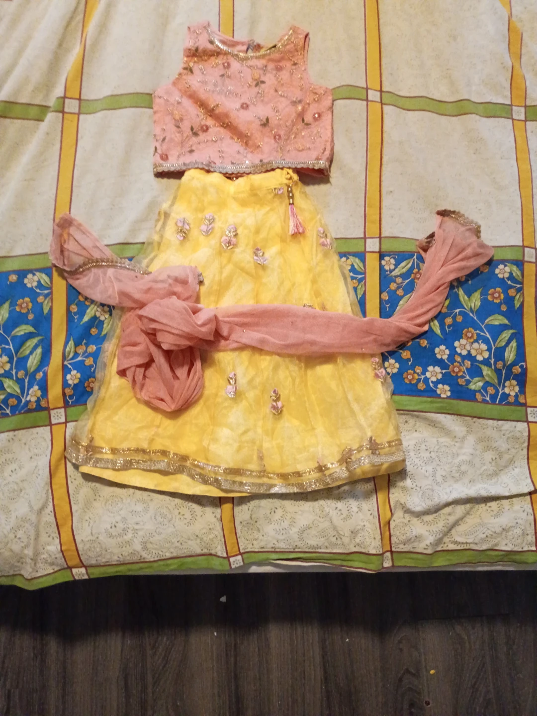Kids Pink and Yellow Embroidered Lehanga Choli Set with Dupatta