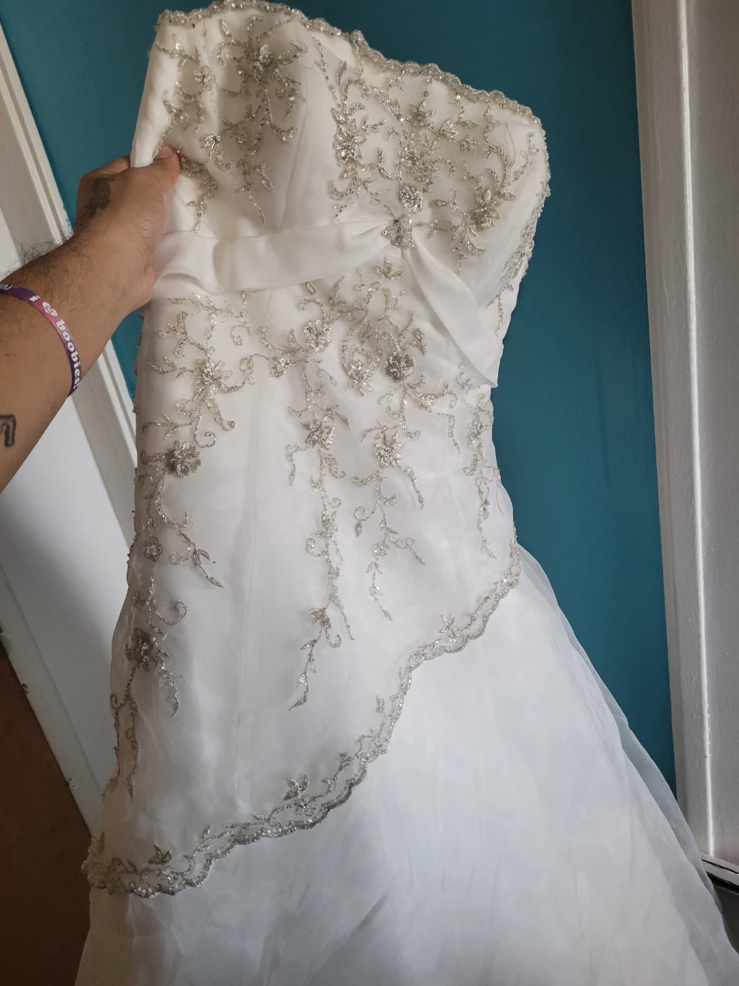 White Strapless Wedding Dress with Silver Embellishments