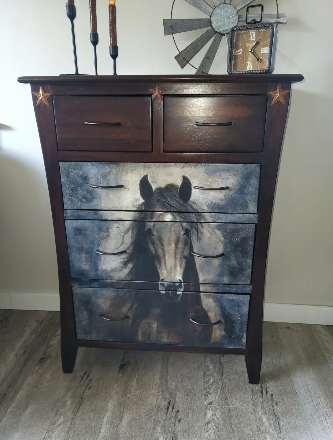 Dark Wood Dresser with Horse Graphic - 6 Drawers