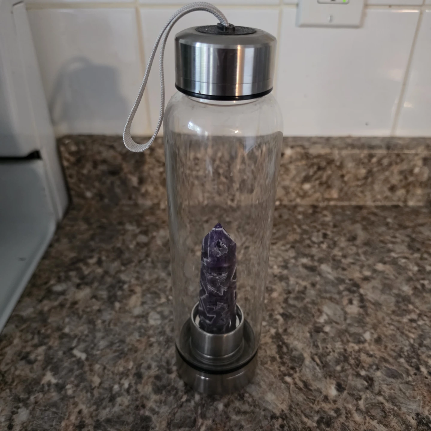 Glass Water Bottle with Amethyst Crystal