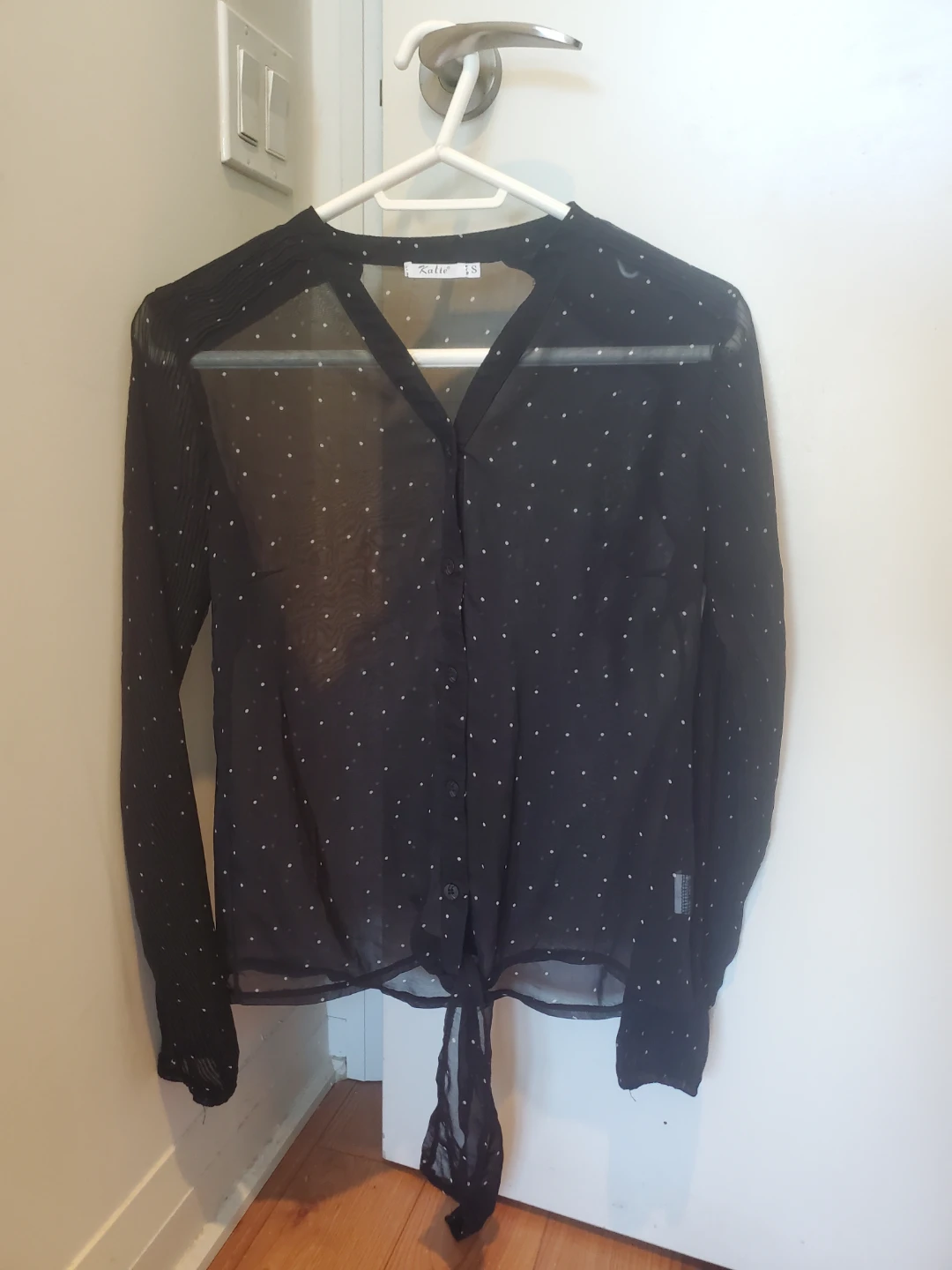 Katie black polka dot sheer button-up tie-front blouse size S