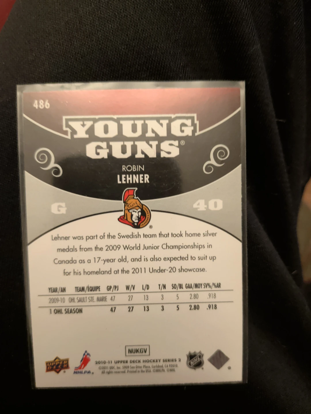 Upper Deck Young Guns Robin Lehner Hockey Card - photo 2