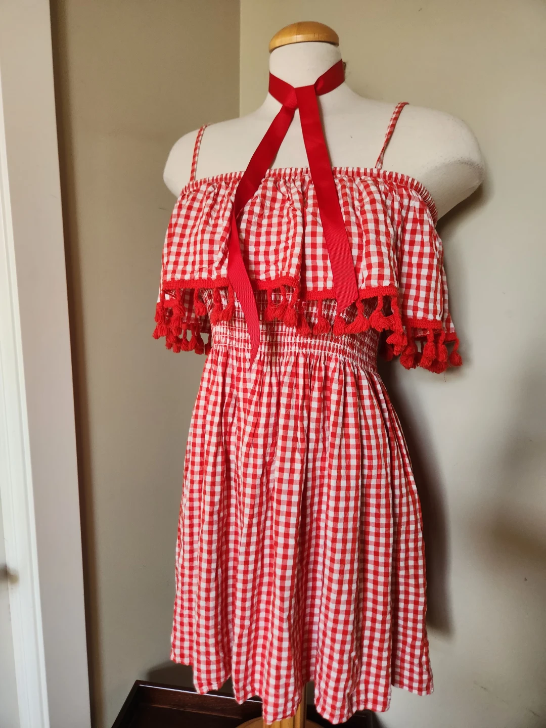VINTAGE Red and White Gingham Dress with Tassels.