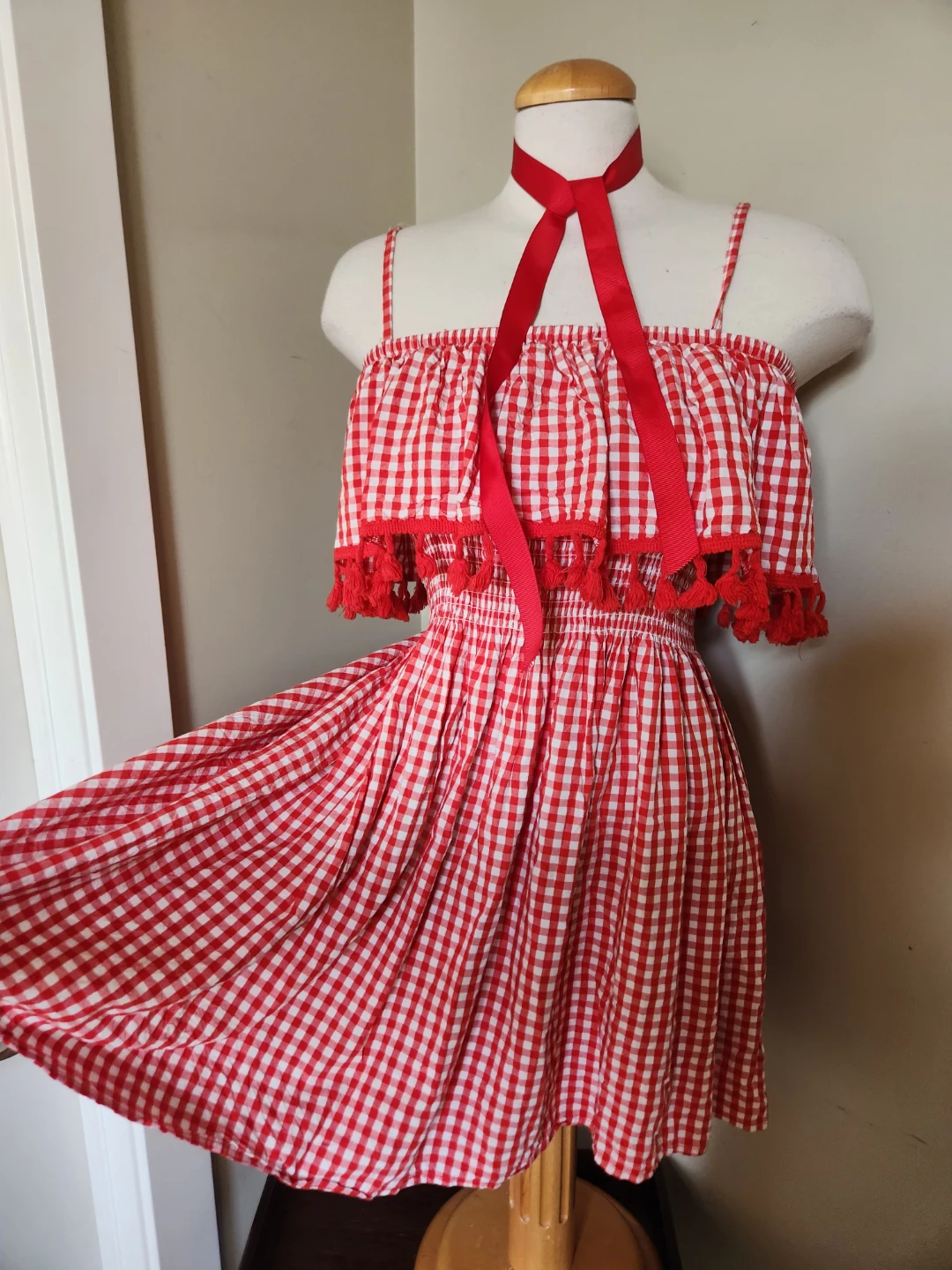 VINTAGE Red and White Gingham Dress with Tassels. - photo 2