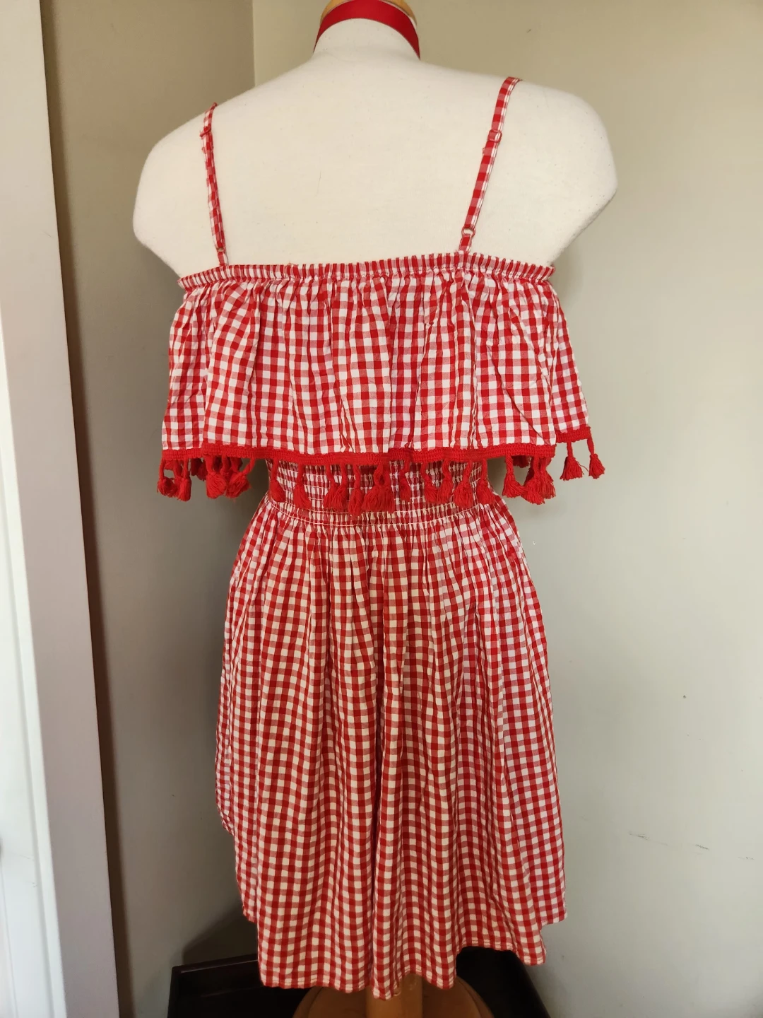 VINTAGE Red and White Gingham Dress with Tassels. - photo 3