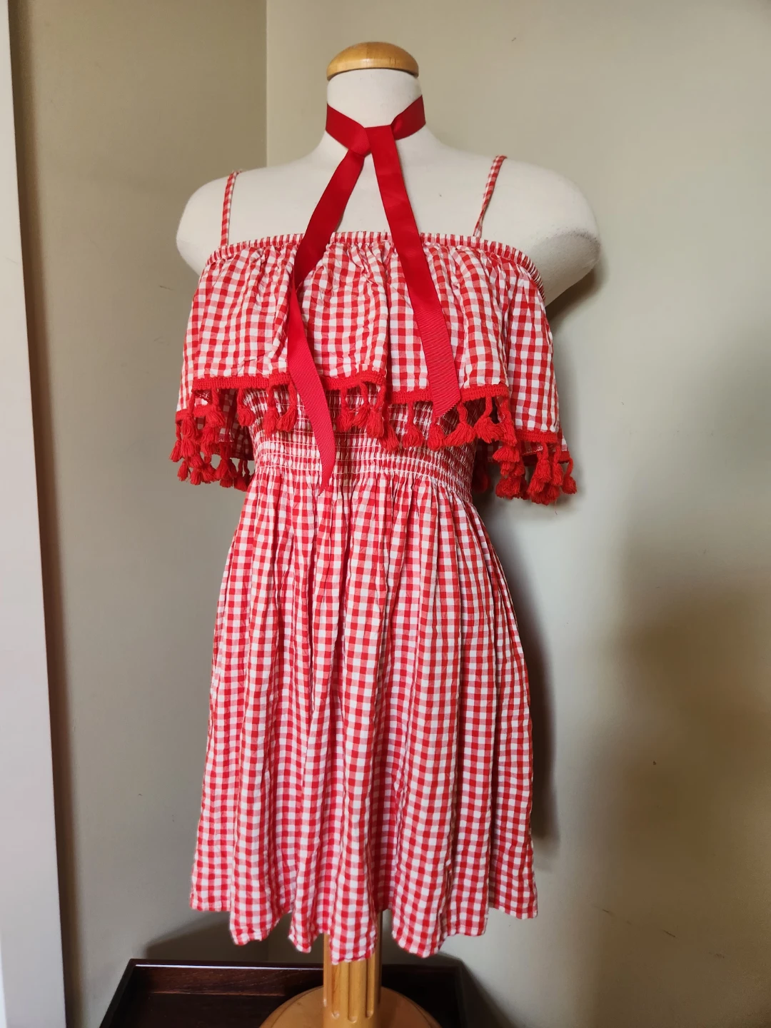 VINTAGE Red and White Gingham Dress with Tassels. - photo 4
