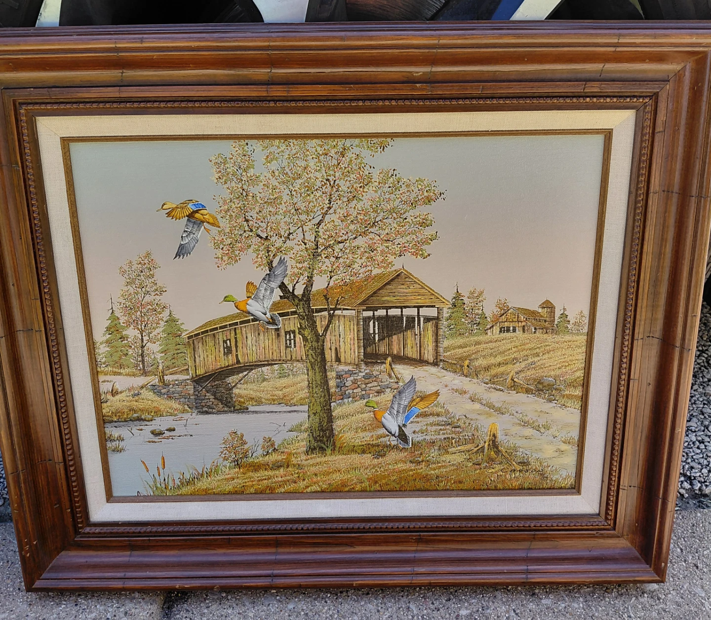 C. CARSON serigraph Painting with Ducks and Covered Bridge