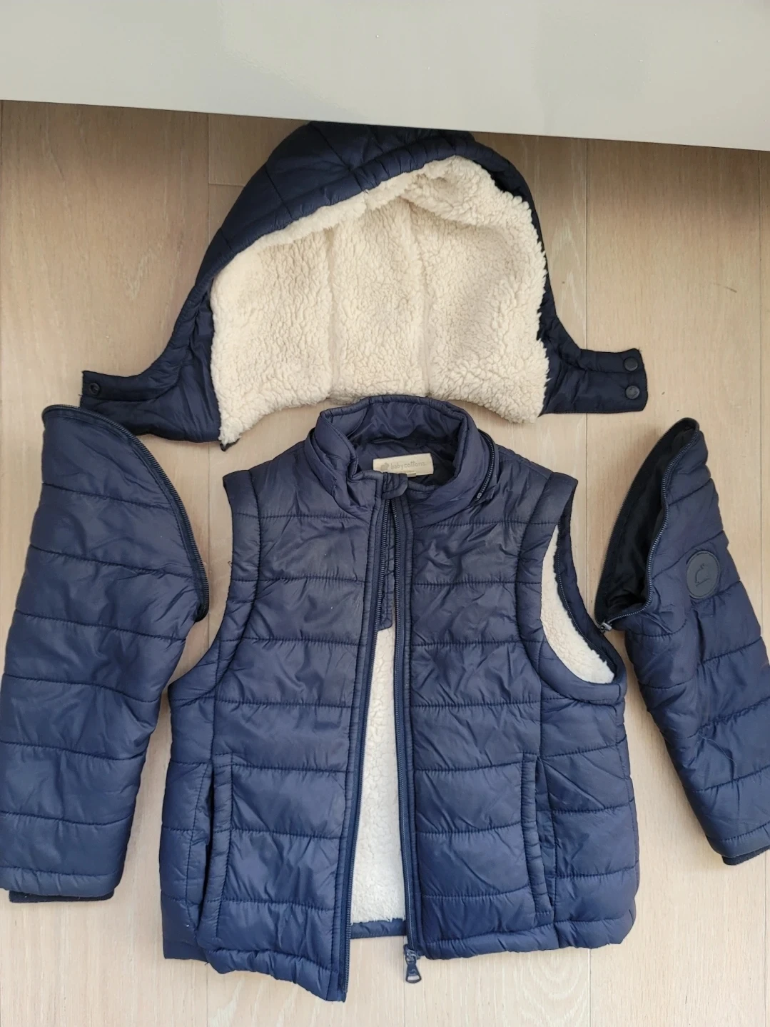 Baby Cotton Navy Puffer Vest with Detachable Sleeves and Hood 3y - photo 5