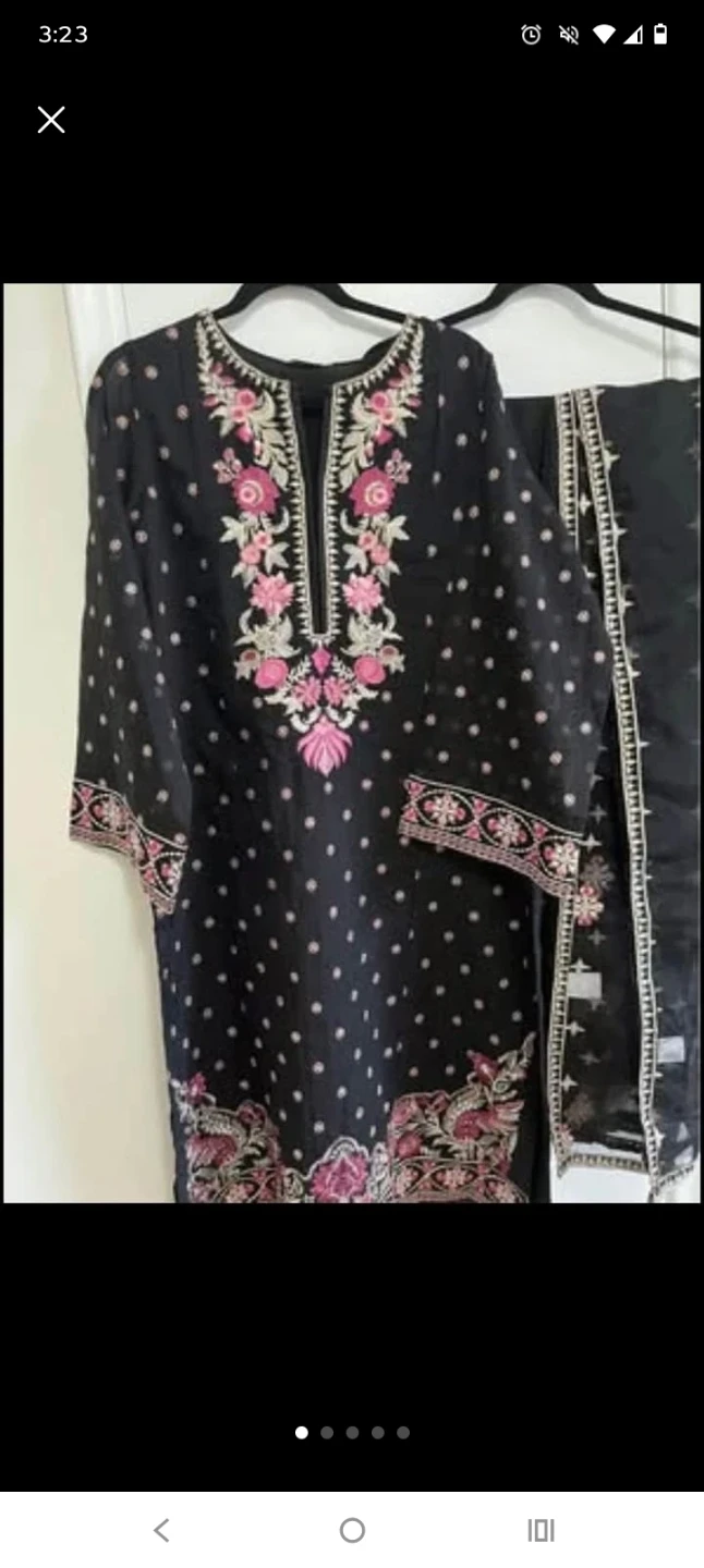 Black embroidered 3-piece suit with pink floral details