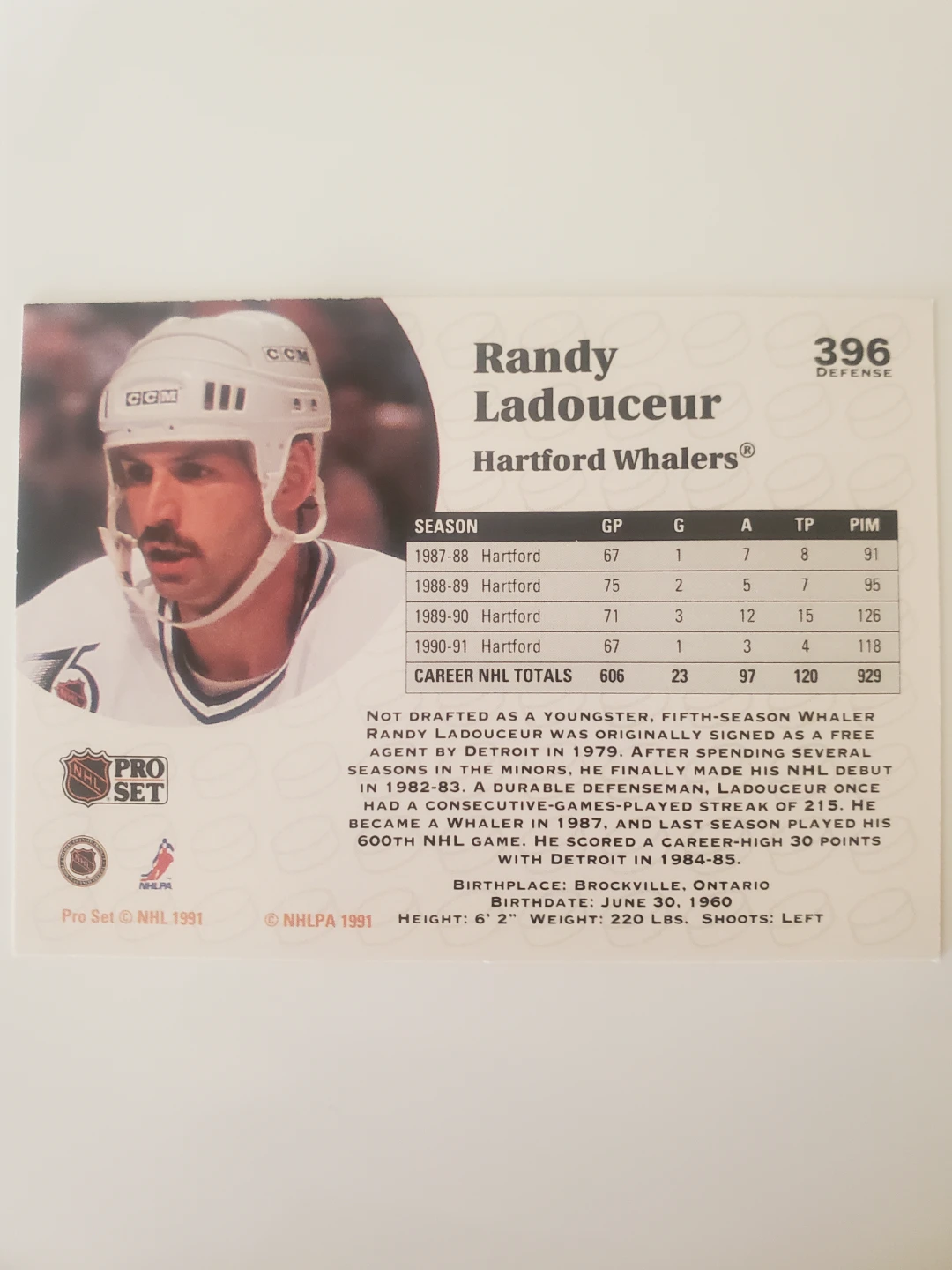 1991 Pro Set NHL Hockey Card - Randy Ladouceur - photo 2