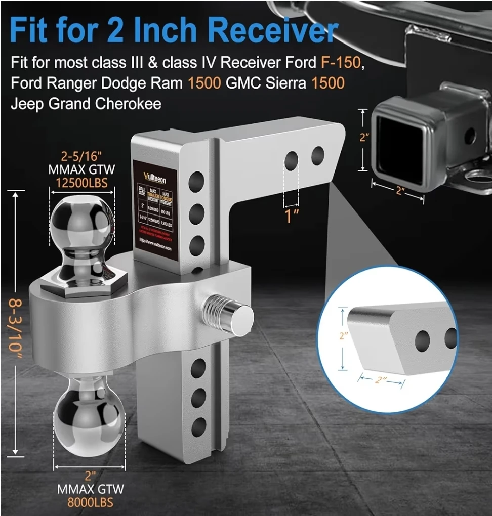 Vultteon Adjustable Ball Mount Hitch 8" Drop/Rise - photo 4