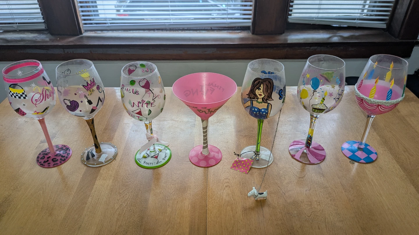 Lot of 7 Hand-Painted Glasses 6 wine 1 martini