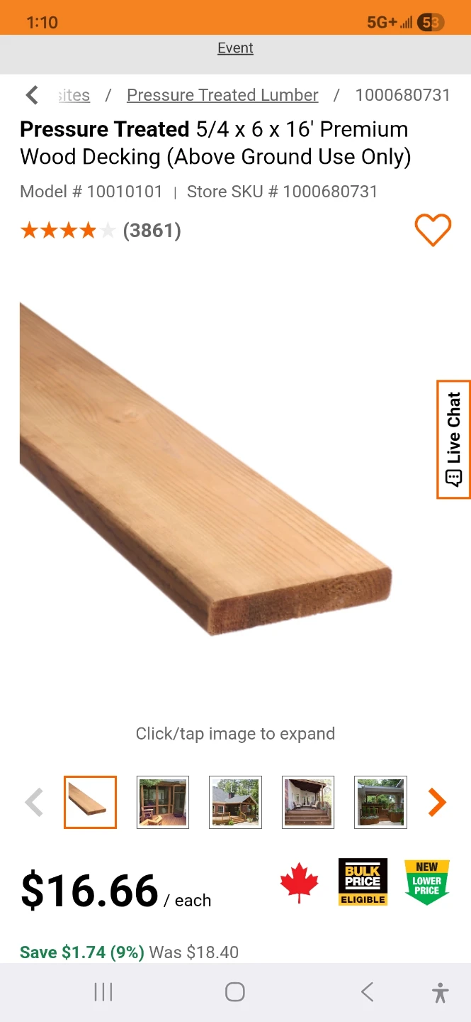P T Decking Boards - 16', 4/5x6, price for each pc