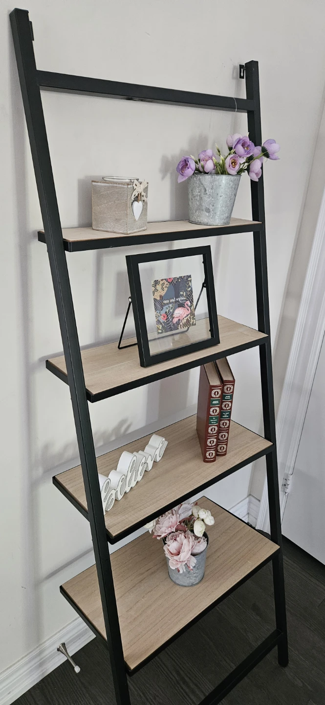 Ladder Bookshelf - Black Metal Frame with Wood Shelves
