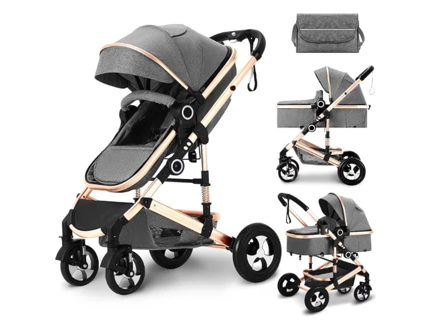 Gray Baby Stroller with Bassinet