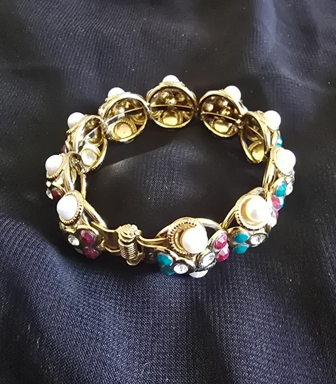 Gold tone statement bracelet with faux pearls and gems - photo 2