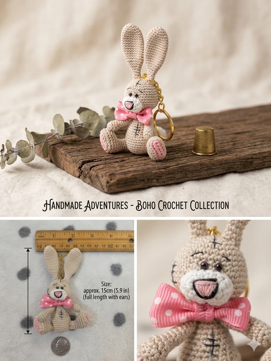 Handmade Crochet Bunny Keychain - Approx. 6.5cm Tall