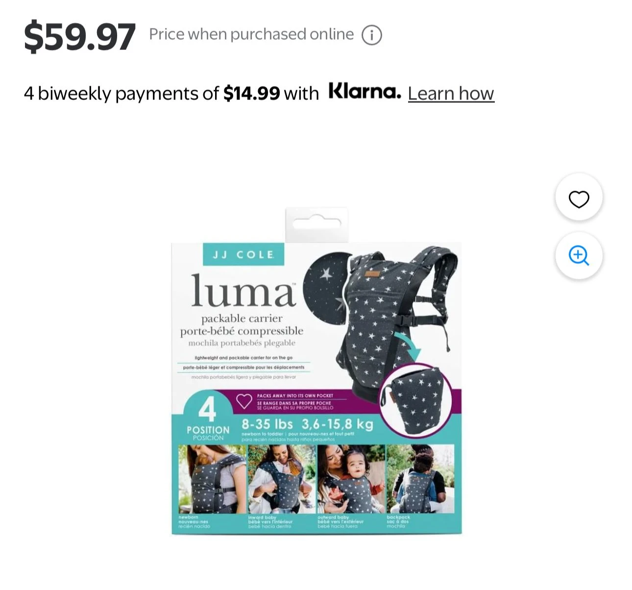JJ Cole Luma Packable Baby Carrier - Grey Stars - photo 2