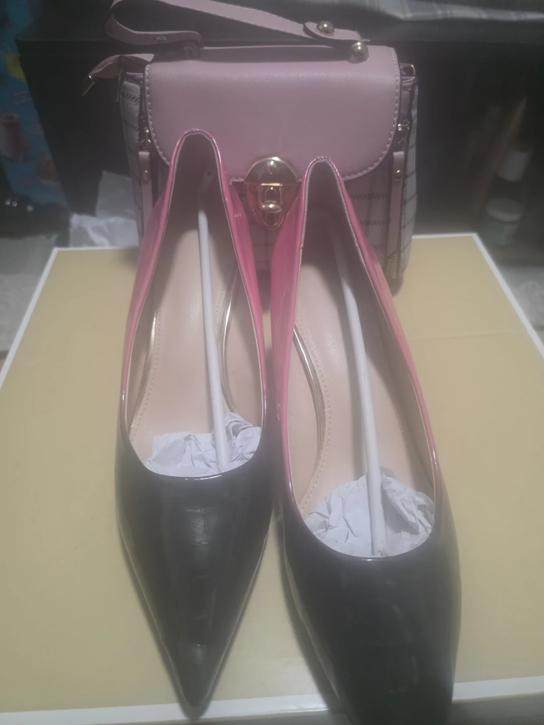 Women's Pink and Black Pumps and Handbag Set