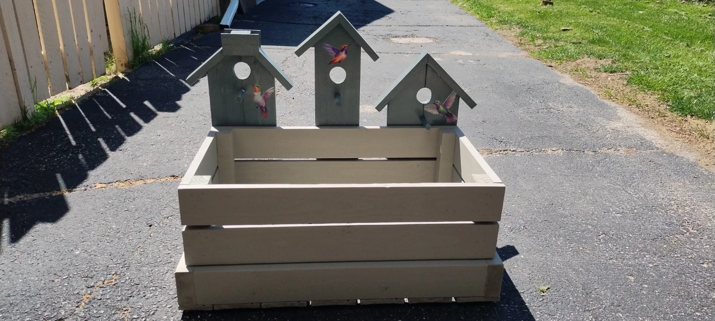 Wooden Planter Box with Birdhouses
