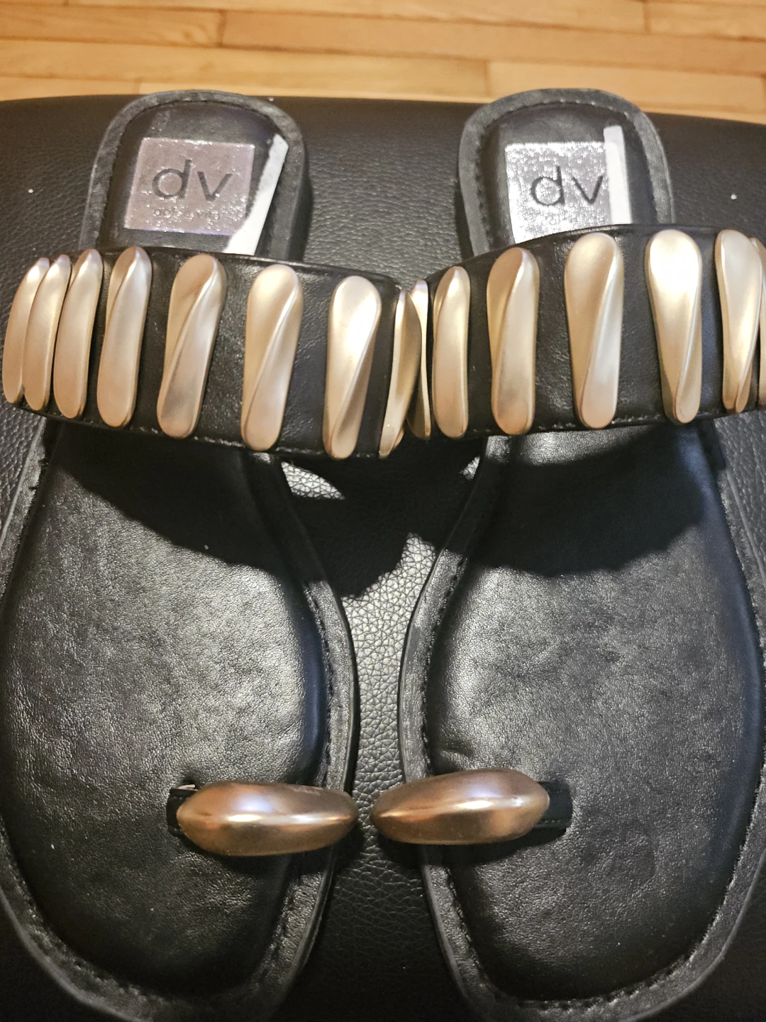 DV Dolce Vita Black Thong Sandals with Gold Embellishments