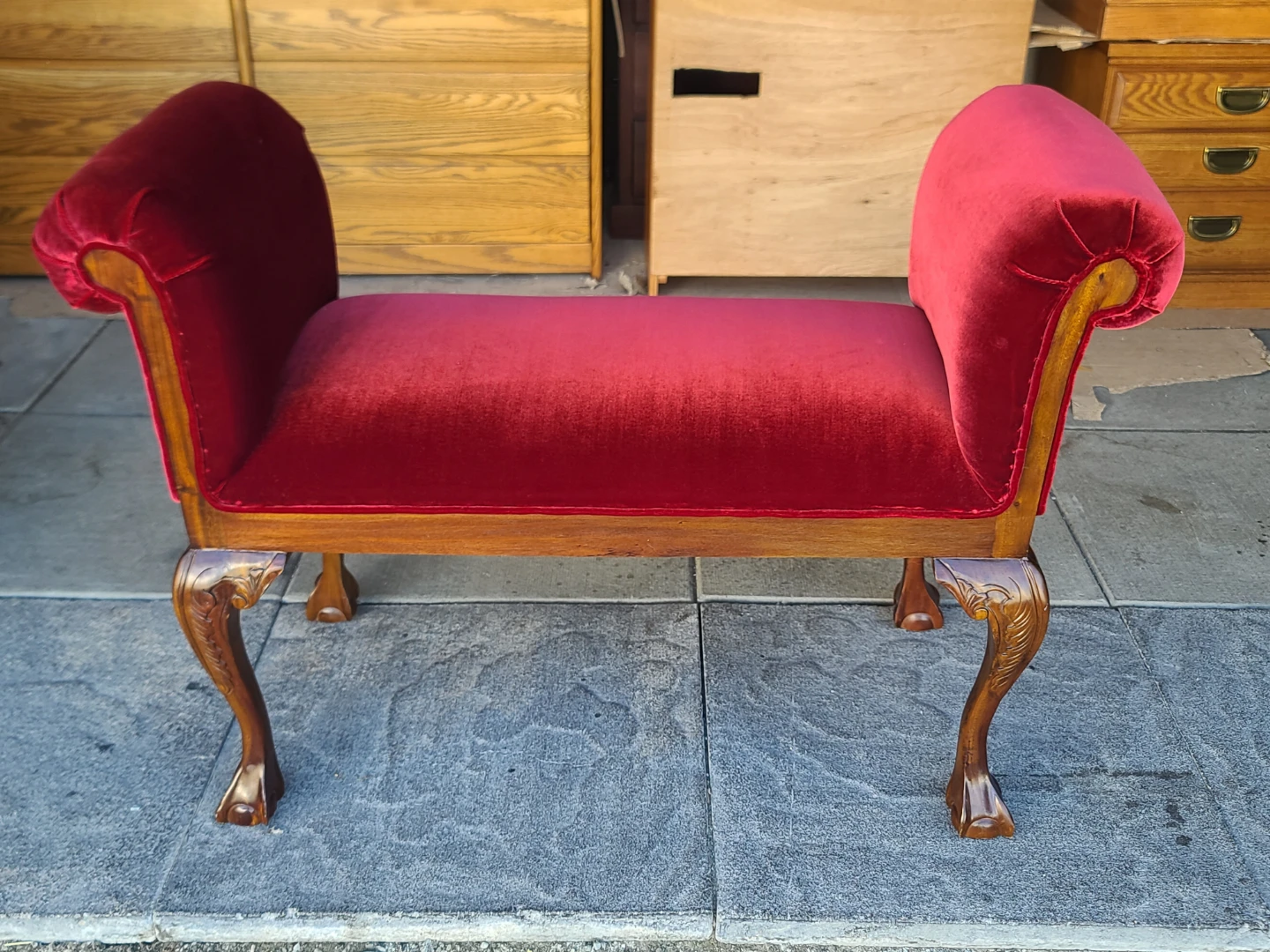 Vintage Victorian Red Velvet Upholstered Bench / Window Seat