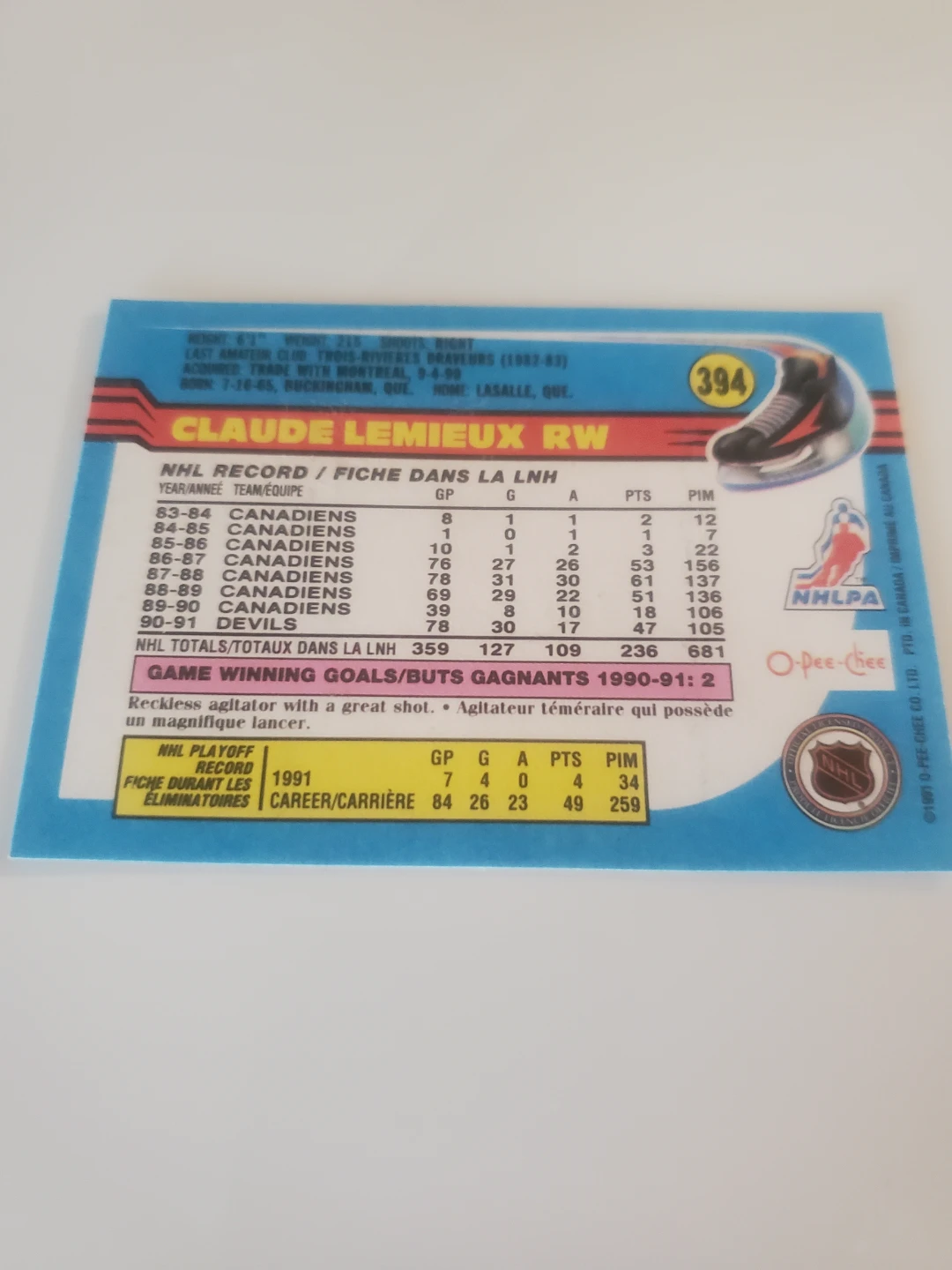 O-Pee-Chee Claude Lemieux RW Hockey Card - photo 2