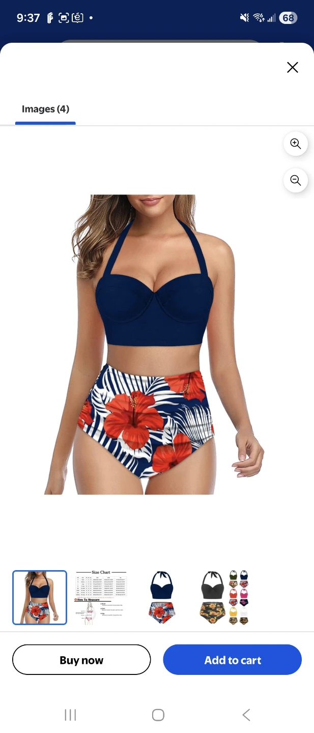 Navy Blue Halter Bikini with Floral High-Waisted Bottoms