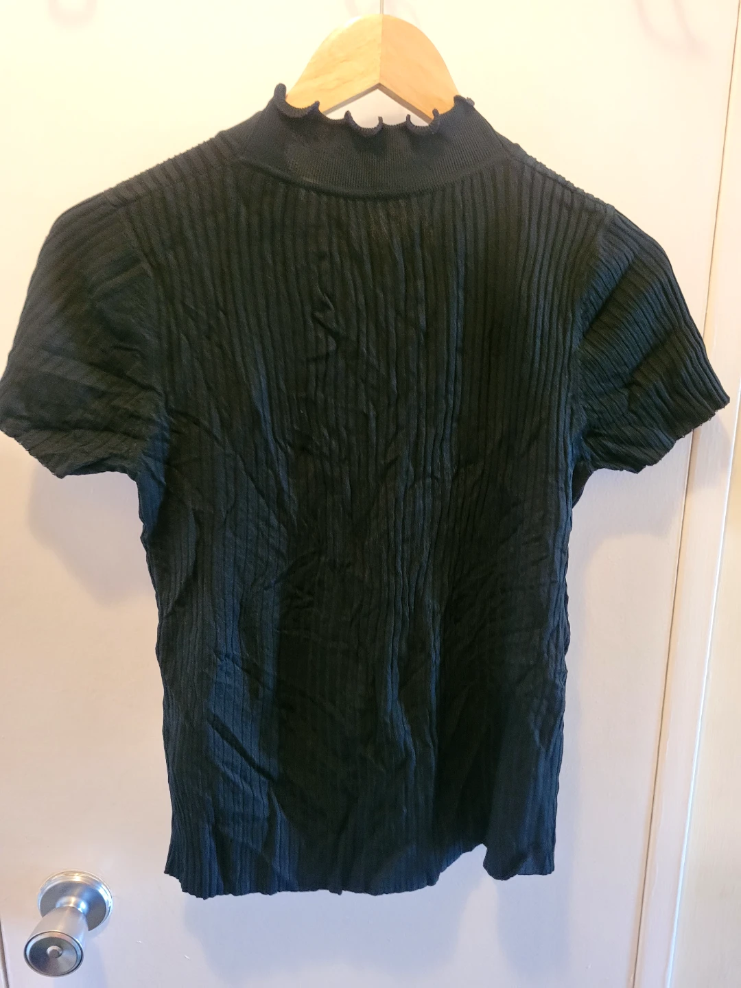 Black Ribbed Mock Neck Top with Ruffled Trim - photo 2