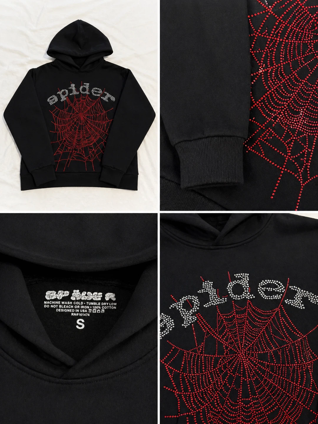 Spider Black Rhinestone OG Spiderweb Hoodie Size S