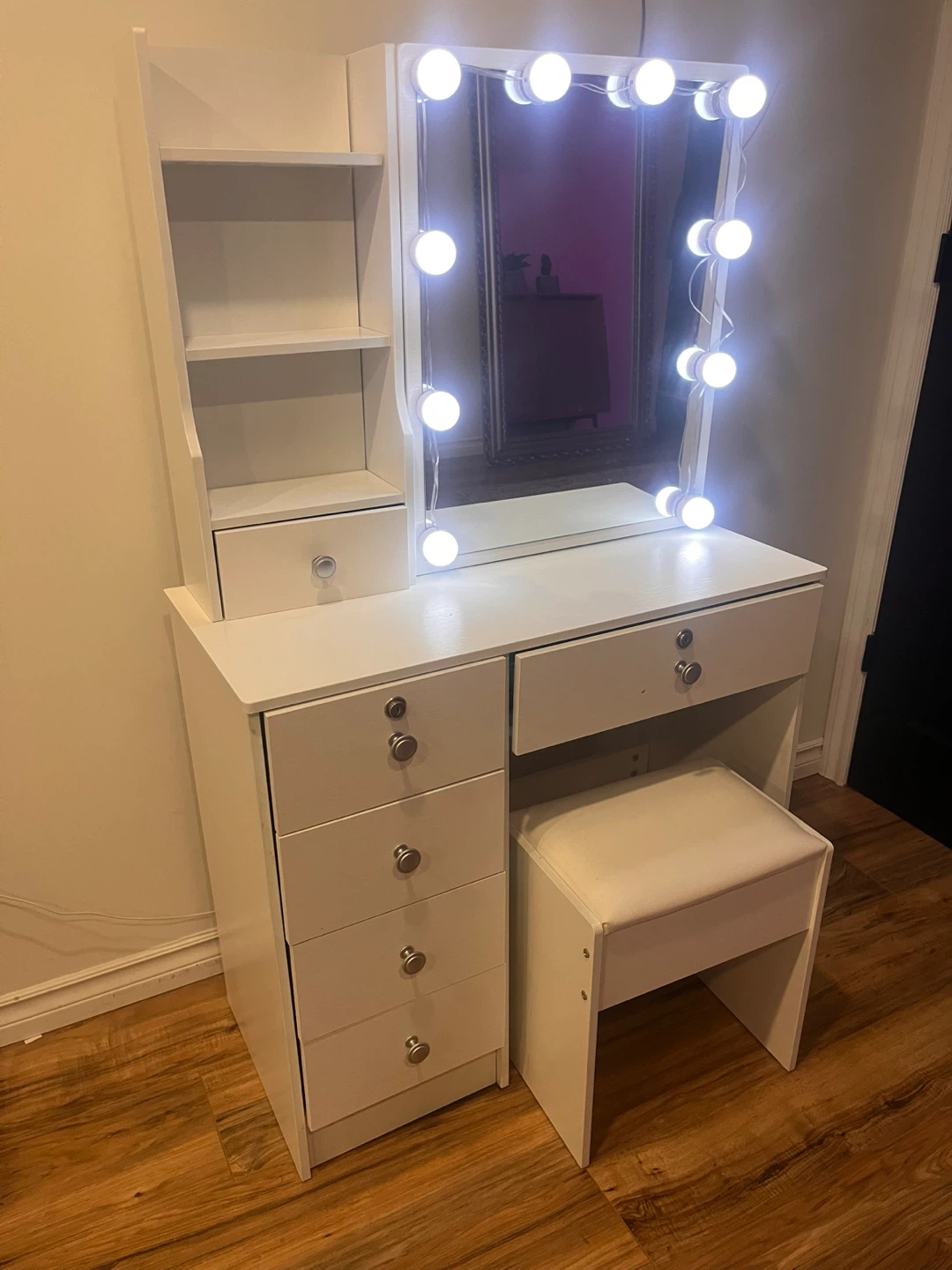 White Vanity Desk with Lights and Stool