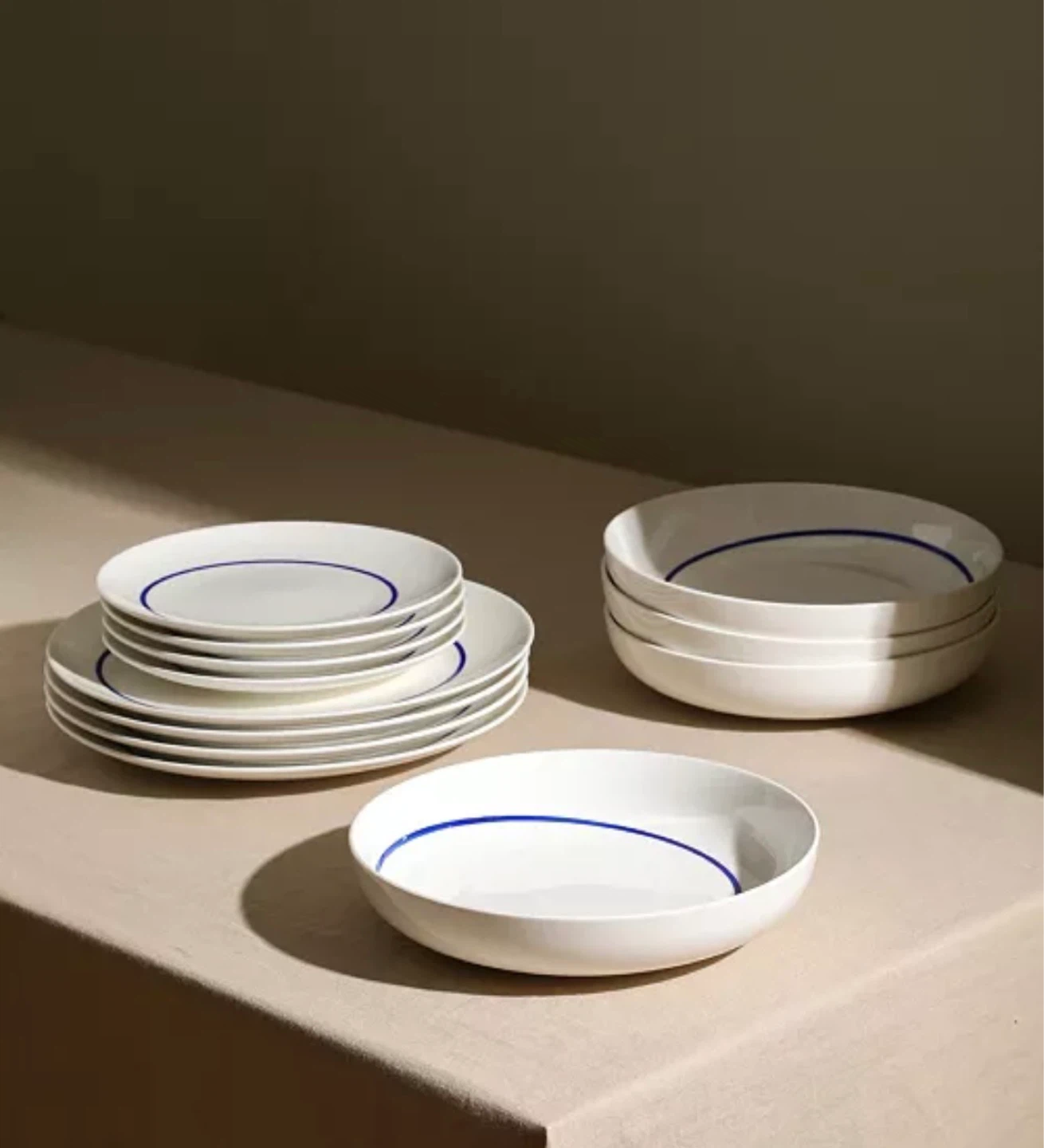 12 piece White & Blue Line Dinnerware Set