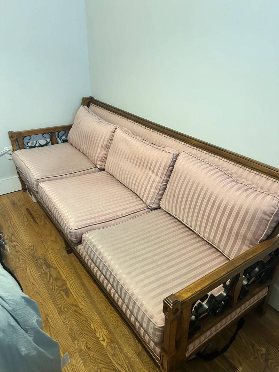 Pink Striped Sofa with Wood Frame