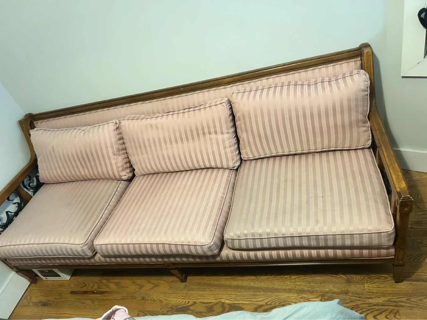 Pink Striped Sofa with Wood Frame - photo 2