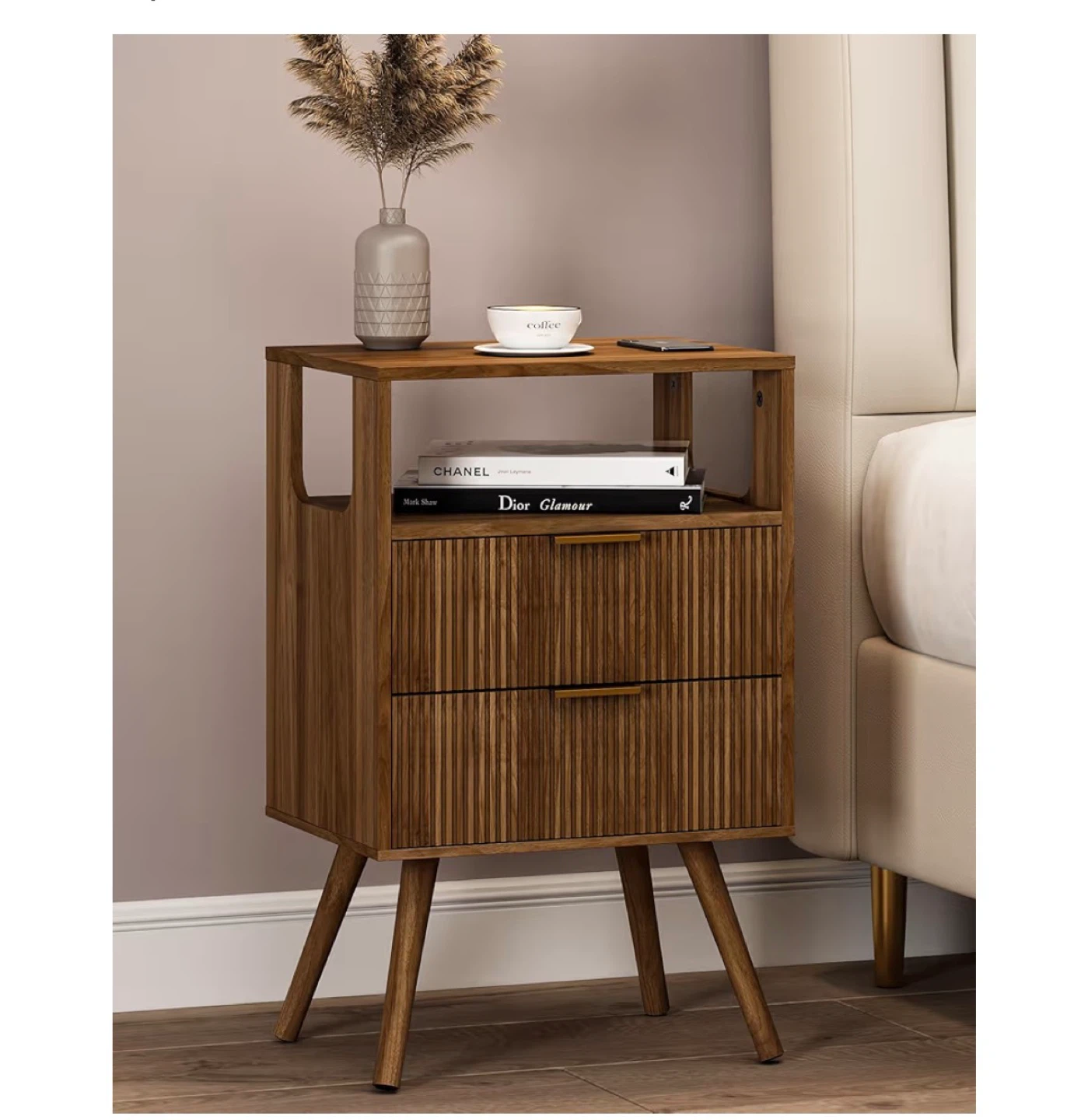 Wood Bedside Table with 2 Drawers