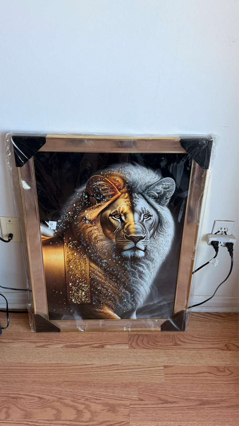 Framed Lion Wall Art with Rhinestones