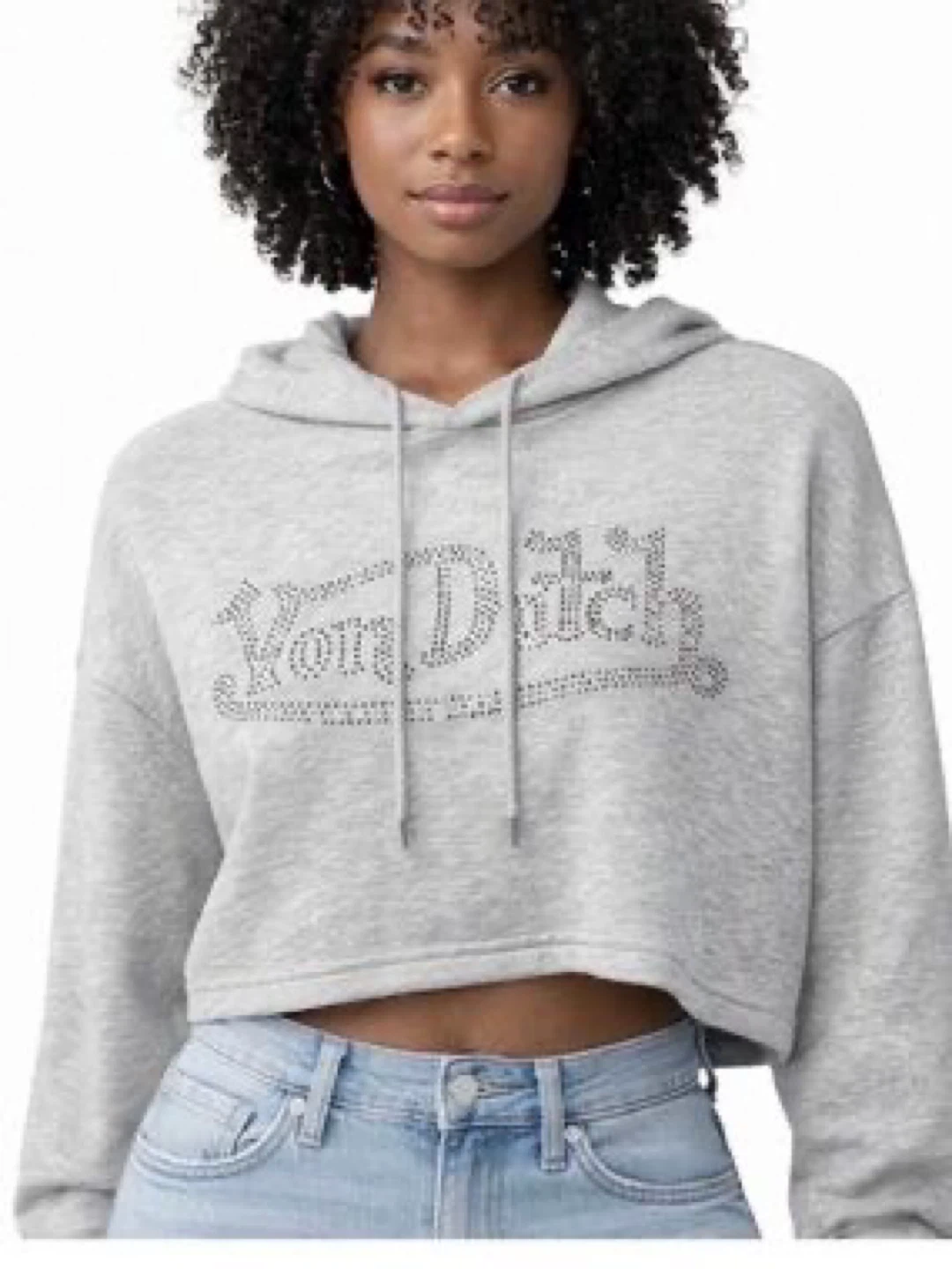 Von Dutch Grey Cropped Hoodie with Rhinestone Logo