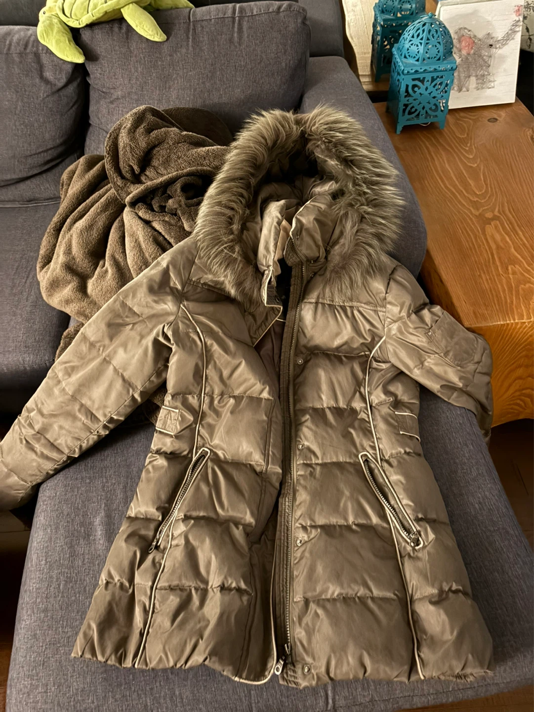 Puffer Coat with Fur Hood - Size S (6-8)