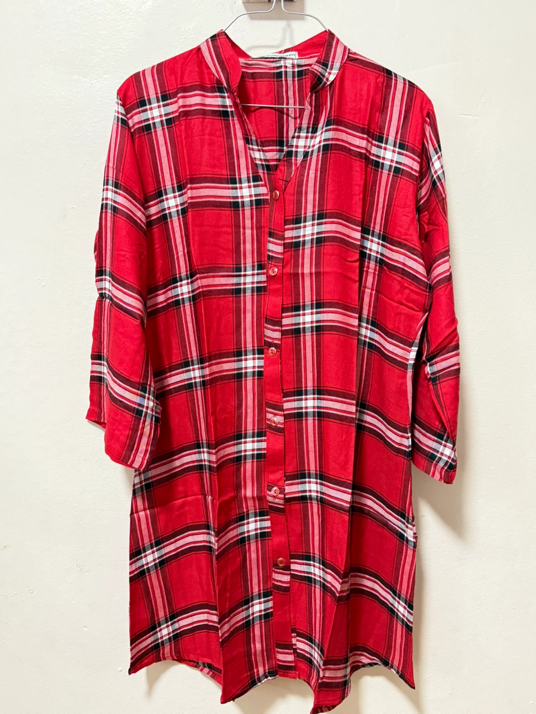 Evergreen Plaid Button-Up Tunic Shirt - Red/Black/White - Size L