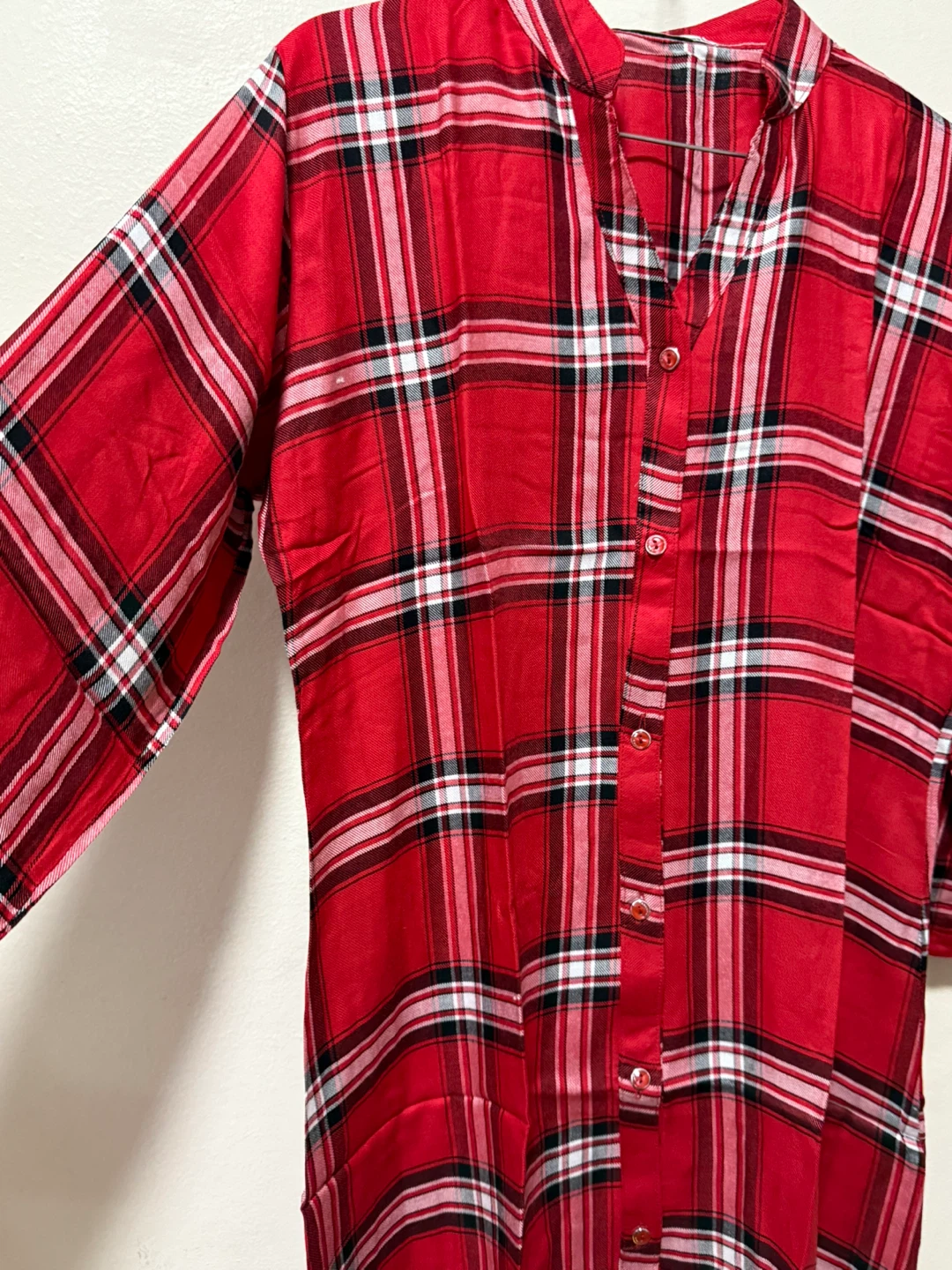 Evergreen Plaid Button-Up Tunic Shirt - Red/Black/White - Size L - photo 3