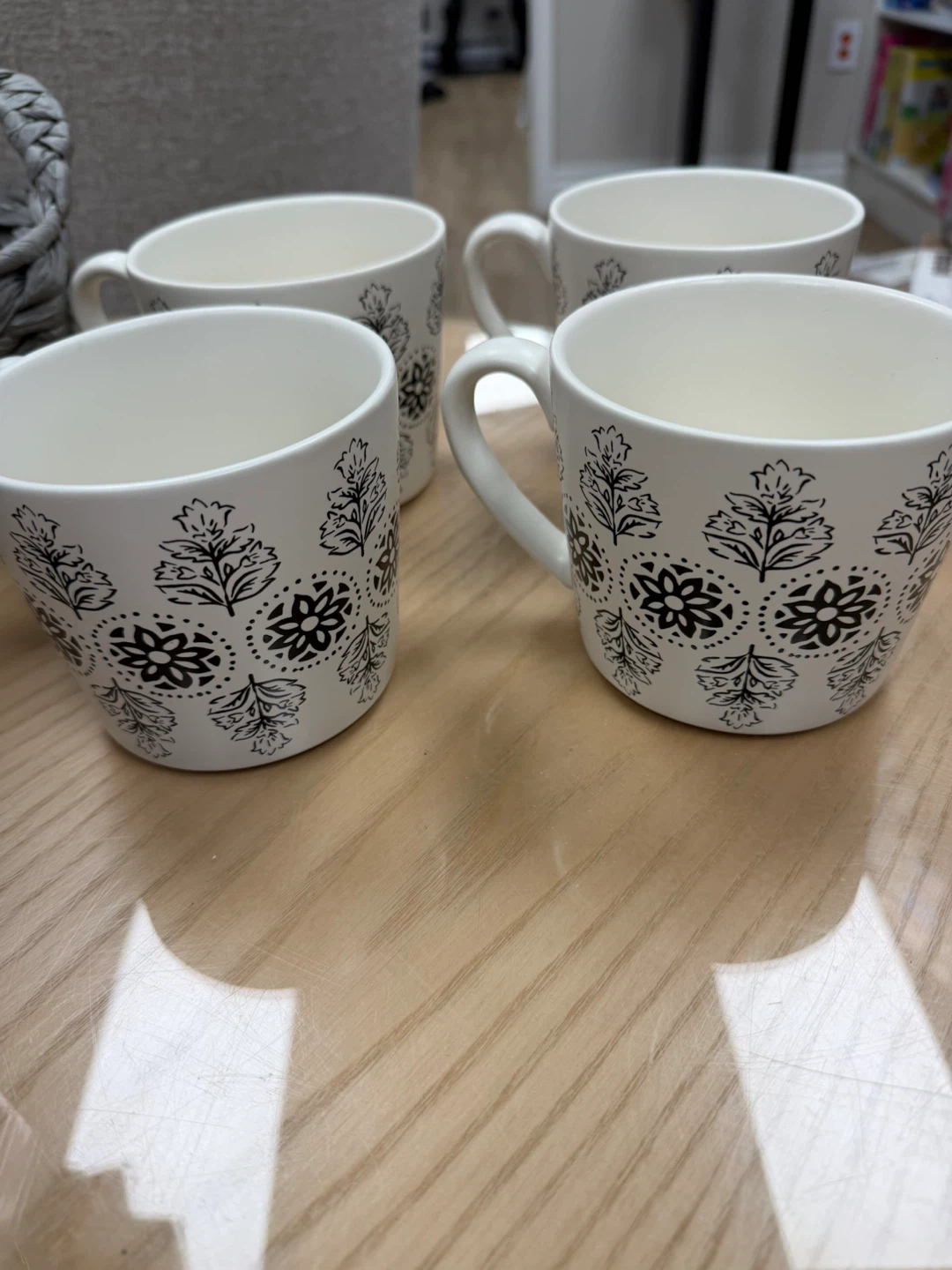 Set of 4 White Mugs with Black Floral Design