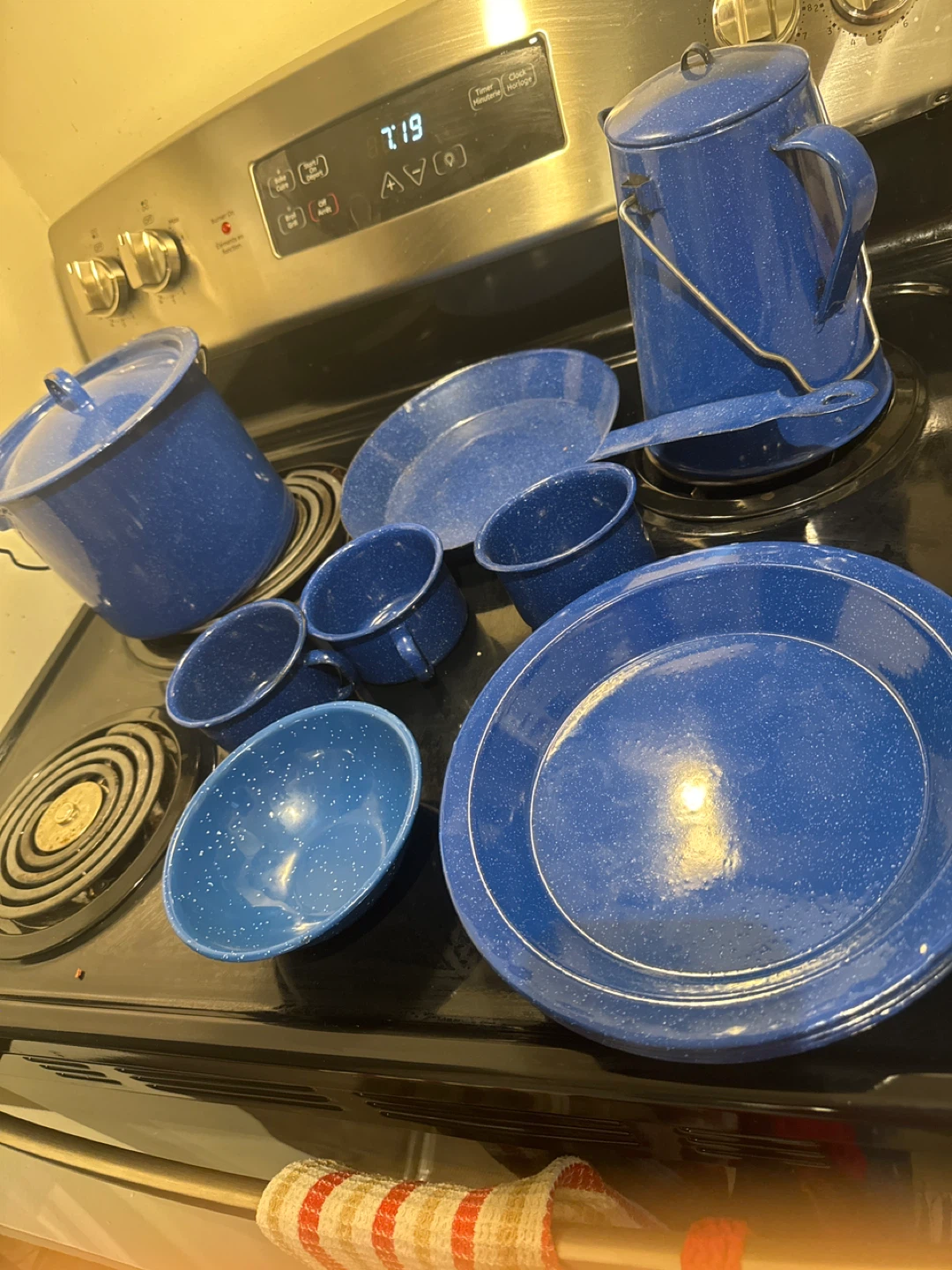 PENDING !!!Blue Speckled Enamel Camp Cookware Set