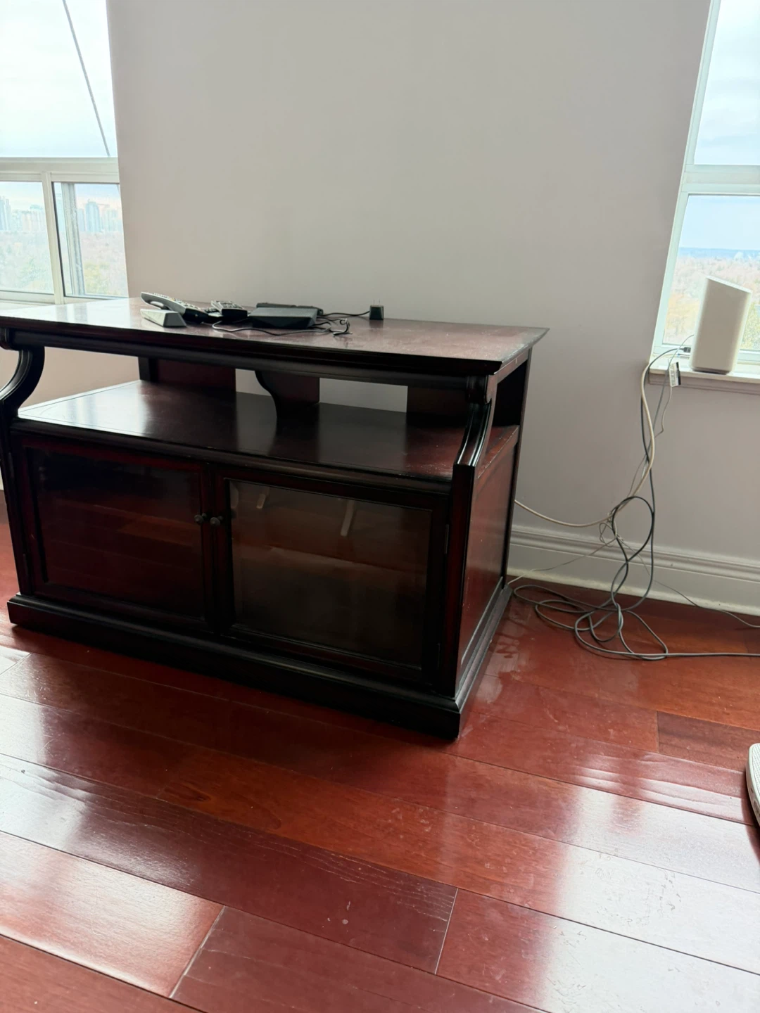 Dark Wood TV Stand with Glass Doors