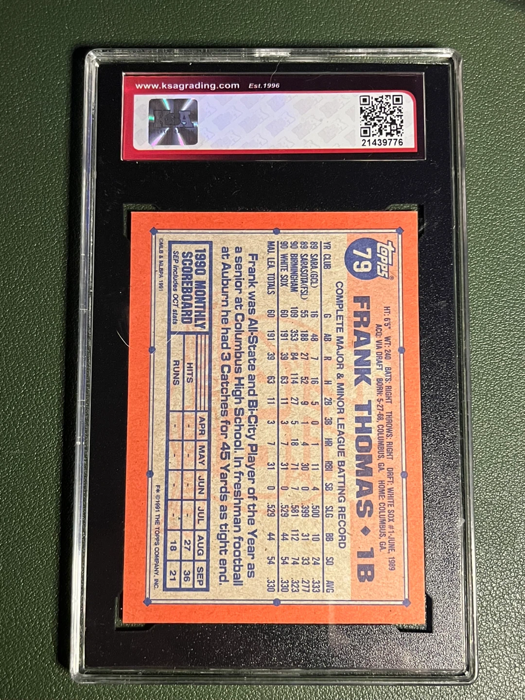 1991 Topps Frank Thomas Baseball Card #79 - Graded 9 Mint - photo 2