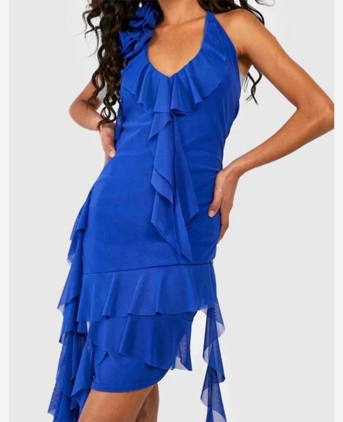 Boohoo Royal Blue Ruffle Halter Dress
