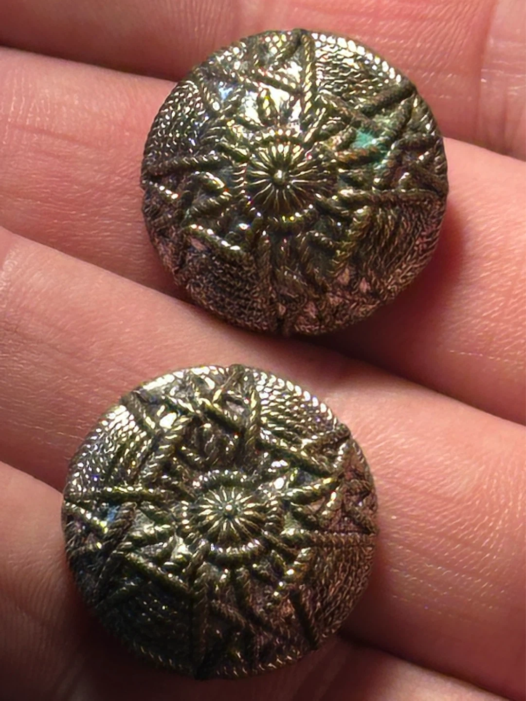 2 Antique domed filigree buttons